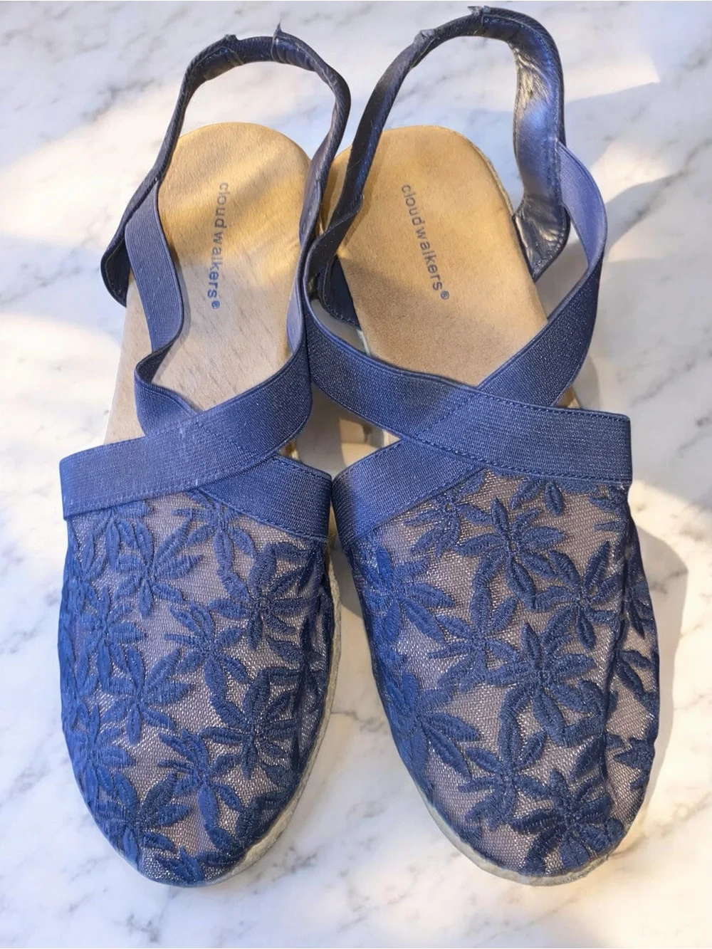 Cloudwalkers Avenue Indie Navy Blue Floral Mesh Espadrille Wedge Sandals 10W